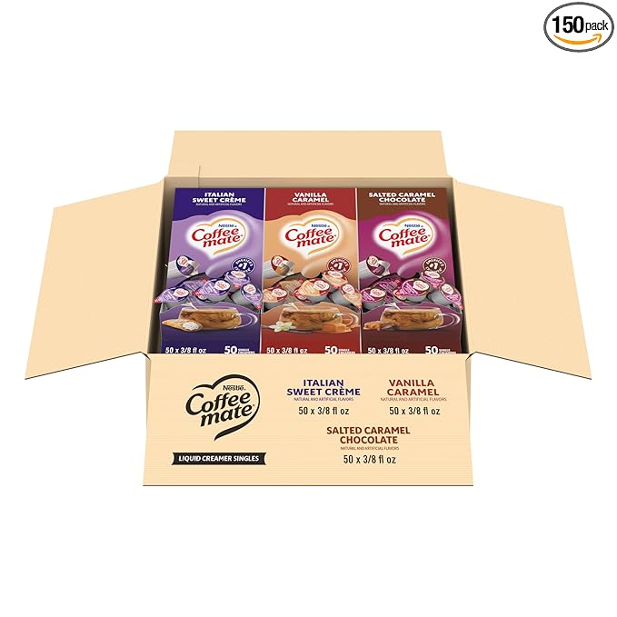 Nestle Coffee mate Creamer Singles Variety Pack Italian Sweet Creme Salted Caramel Chocolate Vanilla Caramel Non Dairy No Refrigeration 0.375 fl oz Tubs 150 Count (Pack of 50 Per Flavor)