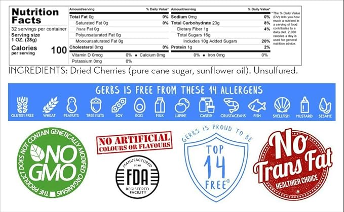 Gerbs Dried Sweetened Cherries 2 lbs. | Unsulphured No Artificial Additives Resealable Bag | Naturally Tart &amp Juicy | Top 14 Allergen-Free