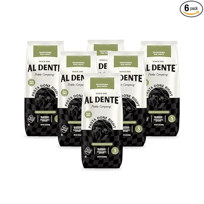 Al Dente Squid Ink Fettuccine – All-Natural Hand-Crafted Egg Pasta. Traditional Pasta Noodles Made with Cage-Free Eggs and Semolina. Great for Pastas Soups Stews. 10oz Bags (Pack of 6)