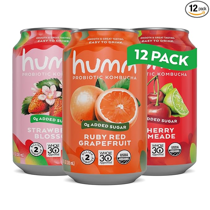 Humm Whole30 Approved Kombucha Variety Pack Strawberry Blossom Cherry Limeade Ruby Red Grapefruit Organic Vegan &amp GMO Free (12 Pack)