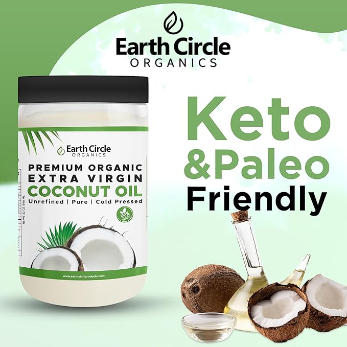 Earth Circle Organics Premium Ultra Pure Extra Virgin Coconut Oil Cold Pressed Baking Smoothies Skin &amp Hair Care Gluten-Free Keto &amp Paleo Friendly (32 Ounce Unrefined) - Pack of 3