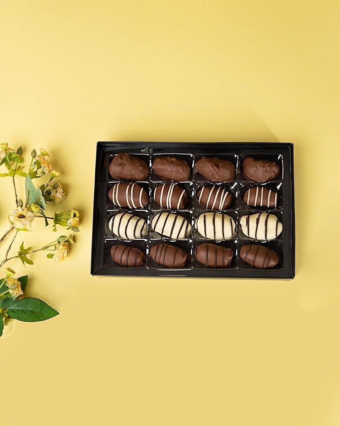 OMNIYA Delicacy – Chocolate Exquisite Dates Box (1 Count 16-Piece Medjool Dates) – Stuffed &amp Coated with Milk Chocolate Pistachio Caramel &amp Lotus – Premium Middle Eastern Gift