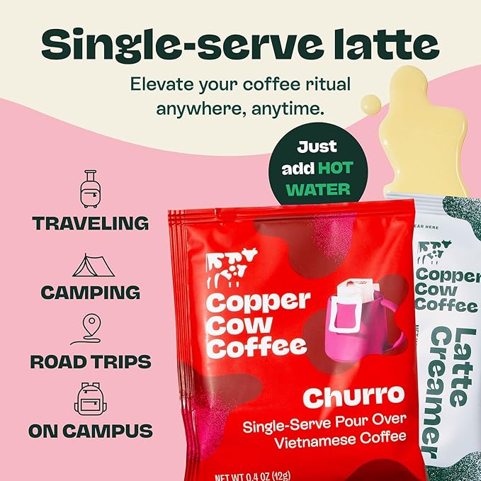 Copper Cow Coffee Pour Over Vietnamese Coffee Pouches + Sweetened Condensed Milk Creamers (8 Coffees &amp 8 Milk Creamers) | Churro Lattes No Refrigeration Needed Travel Friendly Ground Coffee