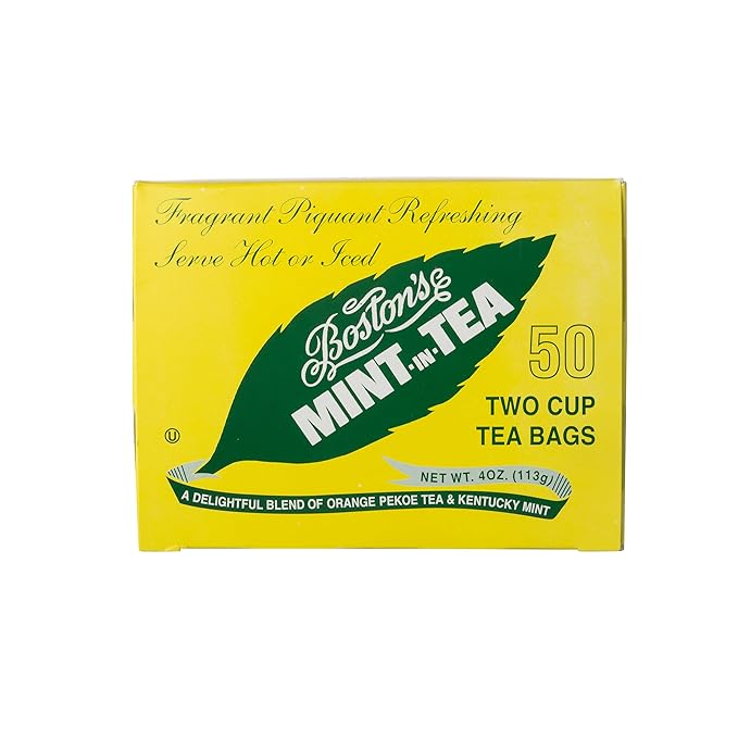 Boston's Mint-in-Tea 50 Two Cup Tea Bags (Pack of 4 Boxes) Individually Wrapped Tea Bags of a Blend of Orange Pekoe Tea and Kentucky Spearmint Delicious Hot or Iced Sweetened or Unsweetened