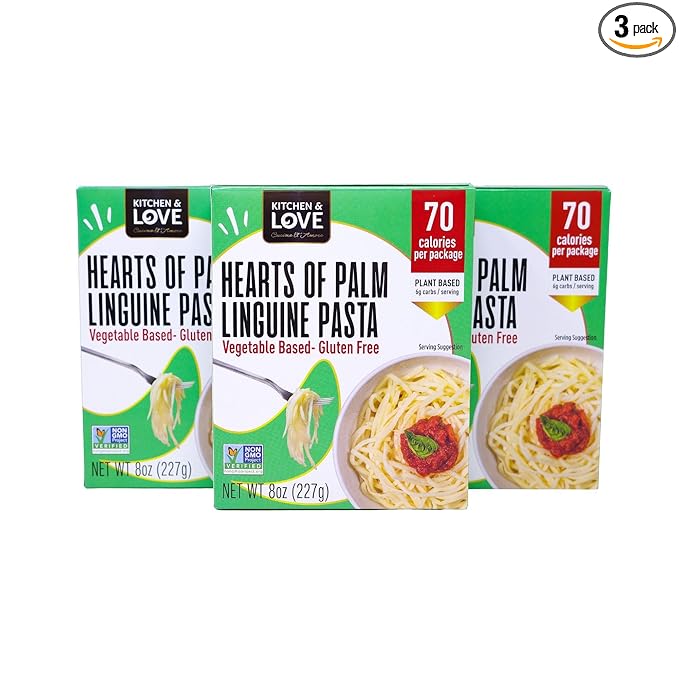 Kitchen &amp Love Hearts of Palm Linguine Low Carb Low Calories Plant Based Non GMO Gluten Free Pasta Alternative Vegan Easy to Prepare Quick Meal 8 Oz (Pack of 3)
