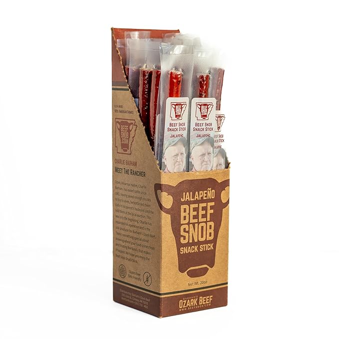 Beef Snob Snack Sticks - Jalapeño Flavor - 1 Ounce Snack - 20 Meat Sticks Per Box - High Protein Snack Sugar Free Snack Keto Friendly Gluten Free Jerky Sticks
