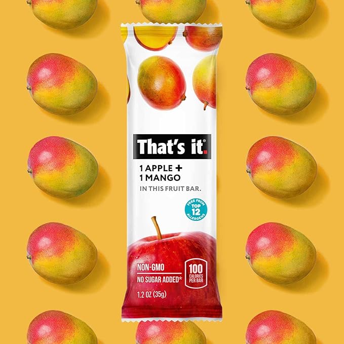 That's it. Apple + Mango 100% Natural Real Fruit Bar Best High Fiber Vegan Gluten Free Healthy Snack Paleo for Children &amp Adults Non GMO No Sugar Added No Preservatives Energy Food (12 Pack)