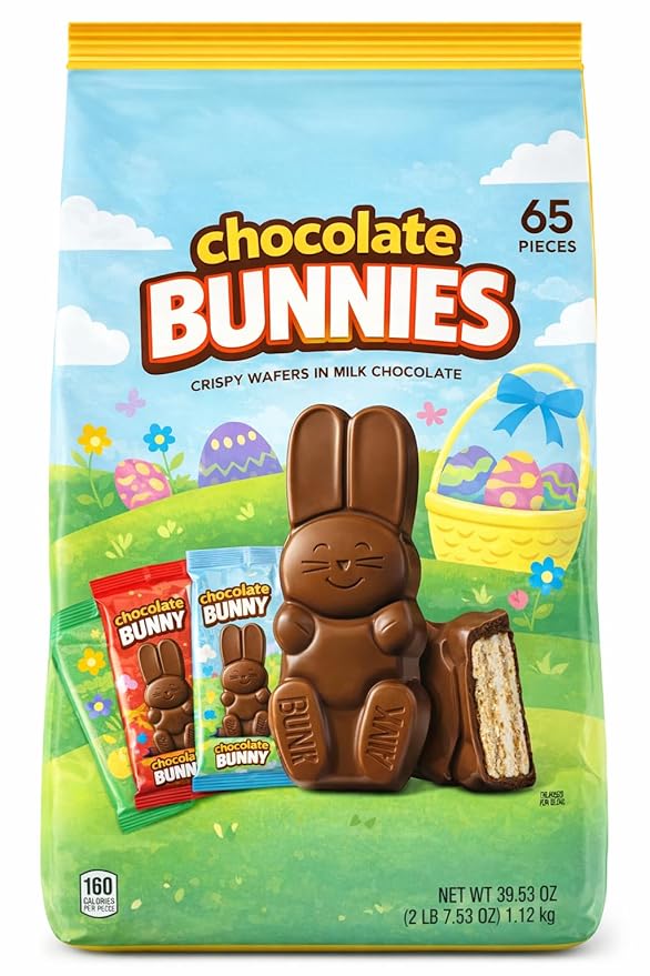 Bunnies Milk Chocolate Wafer Easter Candy 65 Individually Wrapped Bunny Snack Size Treat - Easter Egg Hunt Basket Filler Stuffer Party Favor