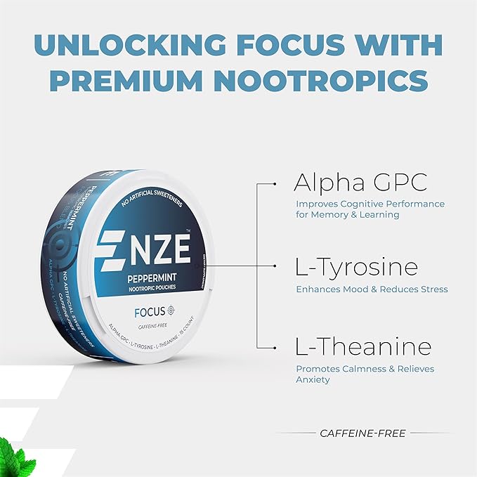 NZE Caffeine Free Nootropic Pouches (Peppermint) - Nootropic Pouches with Alpha GPC L-Tyrosine &amp L-Theanine - No Sugar or Artificial Sweeteners - 15 Nicotine Free Pouches Per Can - 5 Pack