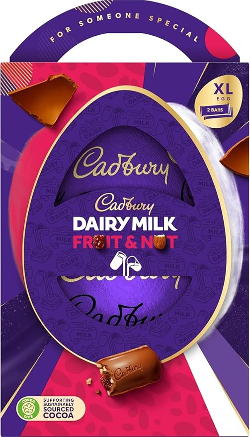 Cadbury Dairy Milk Fruit &amp Nut Chocolate Easter Egg Includes 1 Extra Large Chocolate Shell and Cadbury Dairy Milk Fruit &amp Nut 2 Bars Gift for Easter 273 g (Pack of 1)