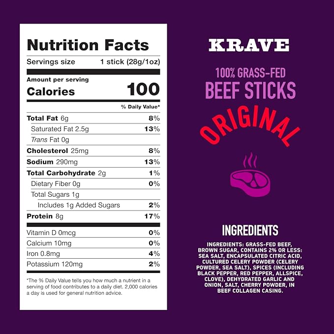 Krave Beef Sticks (1 Ounce Sticks Pack of 10) - 100% Grass Fed Beef 100 Calories Per Stick Good Source of Protein (1 Ounce (10 Pack) Original)