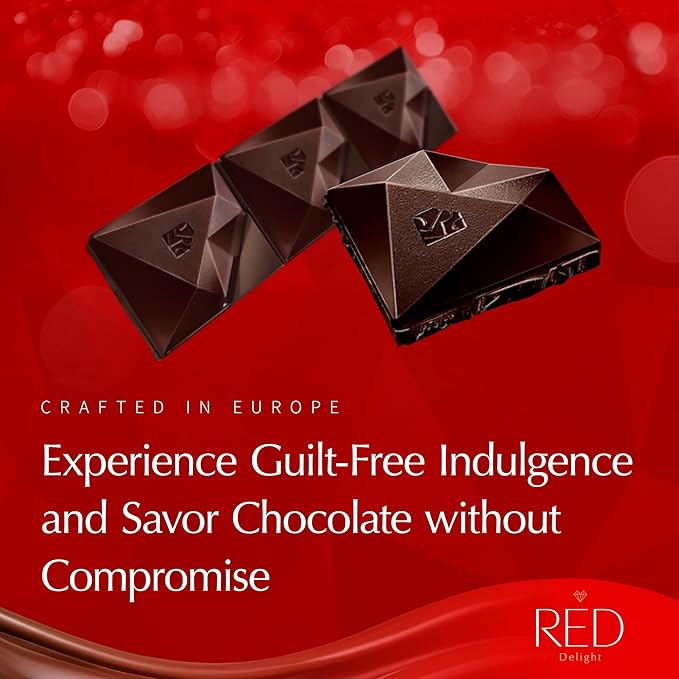 Red Delight Extra Dark Chocolate Bars - 3.53 oz Pack of 6 - Full-Size Keto-Friendly Low Carb Kosher No Added Sugar - European Vegan Chocolate with Smooth Creamy Texture