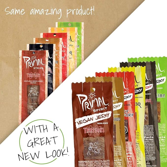 Primal Spirit Vegan Jerky - Sampler Pack 10g. Plant Based Protein Certified Non-GMO (Classics Thai Peanut Mesquite Lime Teriyaki Hot &amp Spicy Hickory Smoked &amp Texas BBQ 18-Pack 1 oz.