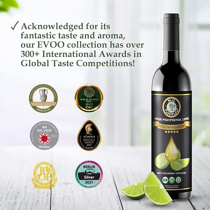 M.G. PAPPAS High Polyphenol Rich Lime Infused Olive Oil Extra Virgin - Over 500mg/kg - Unfiltered Cold Pressed Greek EVOO - Award Winning - Cooking Lime Oil – 12.7 Oz 375ml