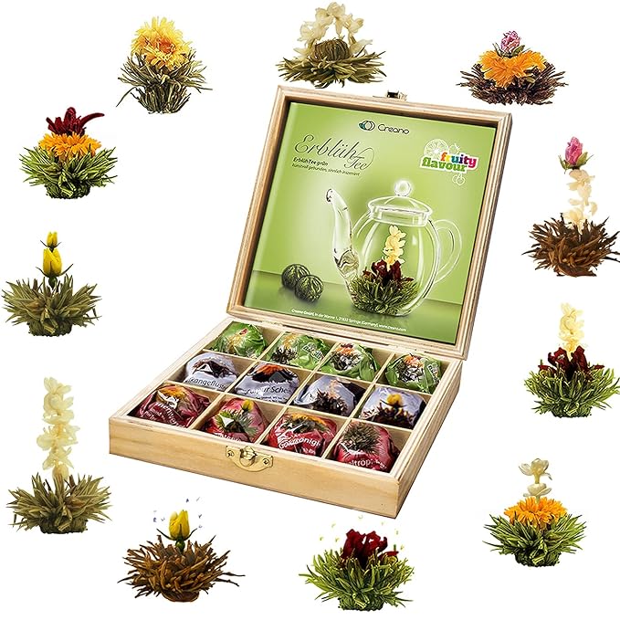 Creano Abloom Tea - Blooming Gift Set in Wooden Box - 12pcs Green White &amp Black Tea