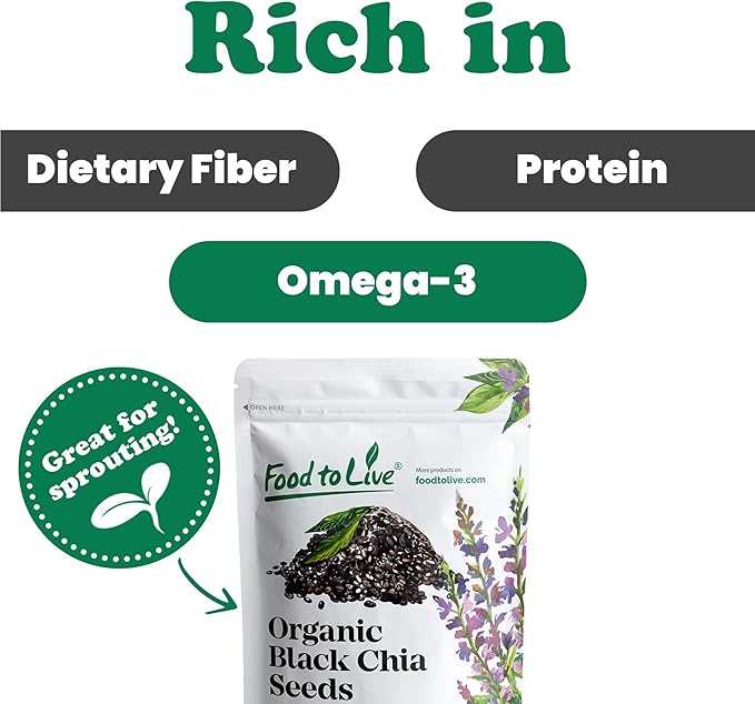 Food to Live Organic Black Chia Seeds 20 Pounds - Non-GMO Whole Sproutable Vegan Keto Sirtfood Bulk. Rich in Essential Fatty Acids Fiber Protein. Great for Chia Pudding Smoothie Oatmeal