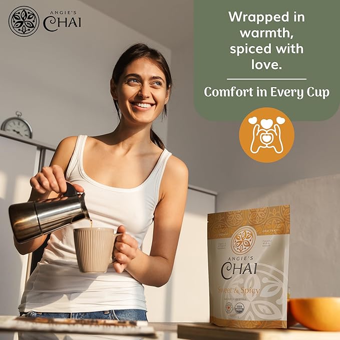 Angie's Chai Sweet &amp Spicy Organic Instant Chai Tea Powder - Made in USA Delicious Spiced Chai Powder Mix 30 Servings 80 Calories Handcrafted Free of Artificial Ingredients Natural Indian Sp