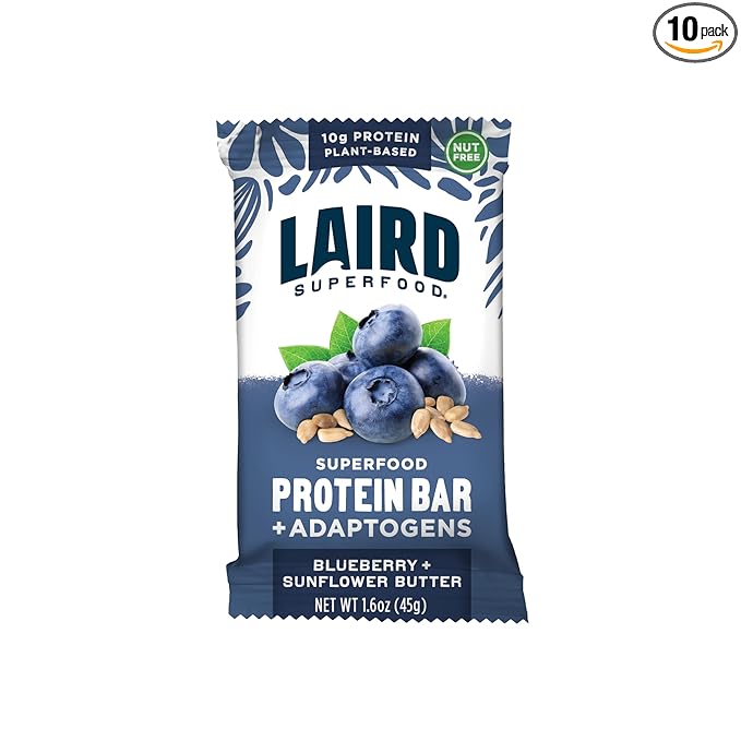 Laird Superfood Functional Protein Bars Protein Bar but Better with Real Ingredients Functional Mushrooms 10g Plant-Based Protein 6g Fiber Blueberry Sunflower Butter 10 Count (Pack of 1)