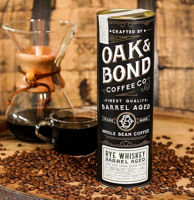 Rye Whiskey Barrel Aged Coffee Costa Rica Single Origin Small Family Farm Whole Coffee Bean Medium Roast w/Flavor Notes of Cocoa Almond Sweet Rye Green Apple by Oak &amp Bond Coffee Co. – 10oz.