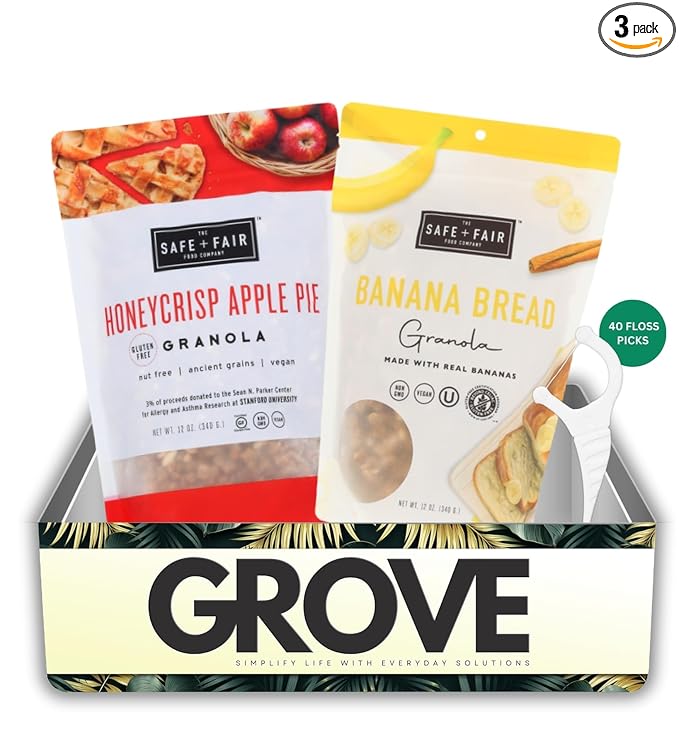 The Safe And Fair Food Company Granola Honeycrisp Apple 12 oz Granola Banana Bread 12 oz Bundle with Dental Floss – Allergen-Free Plant-Based with Clean Ingredients – Gift Set (3 Items)