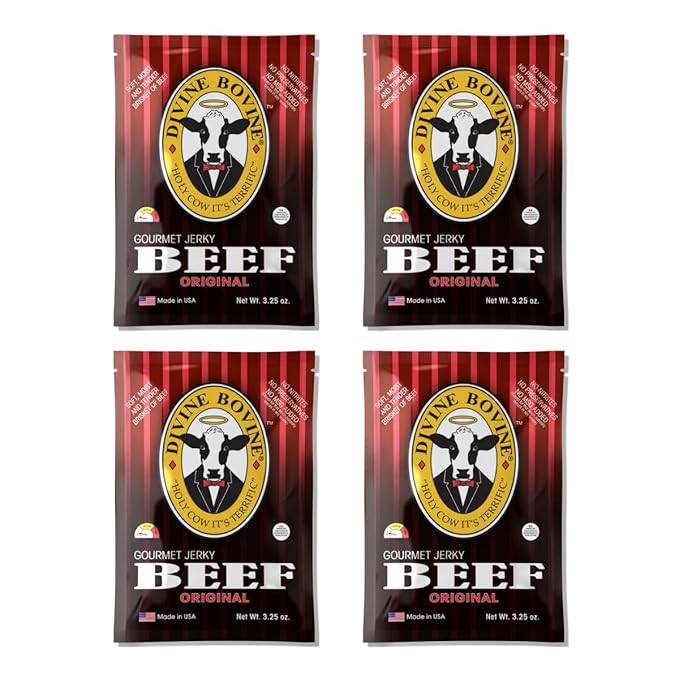 Divine Bovine Gourmet Jerky - Original Flavor 4 Pack (3.25 oz Bags) Premium Steer Brisket All-Natural No Artificial Preservatives Protein Snack