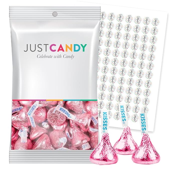 Pink Foil Kisses Milk Chocolate Candy Plus Exclusive Free Kiss Stickers by Just Candy