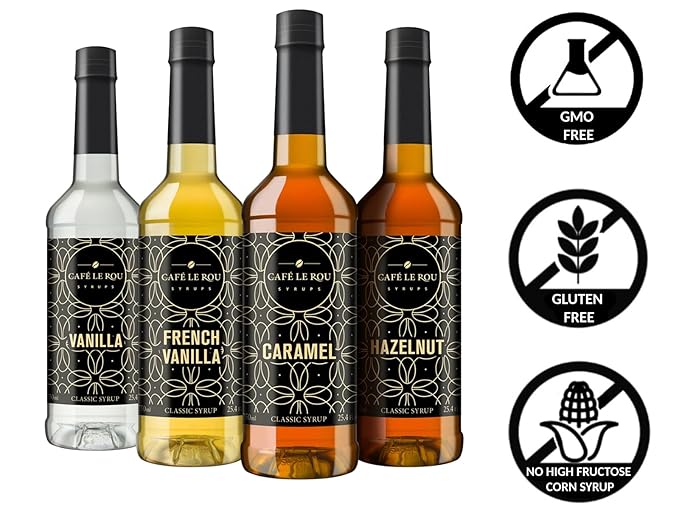 NEW Café Le Rou Variety 25.4oz Vanilla French Vanilla Caramel Hazelnut (Variety 4-pack) *Includes 4 Coffee Syrup Dispensers for Coffee Tea and Espresso