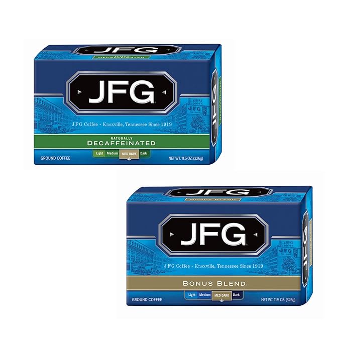 JFG Medium-Dark Roast Ground Coffee Bundle – Naturally Decaffeinated &amp Bonus Blend 11.5oz Bags (Pack of 2)