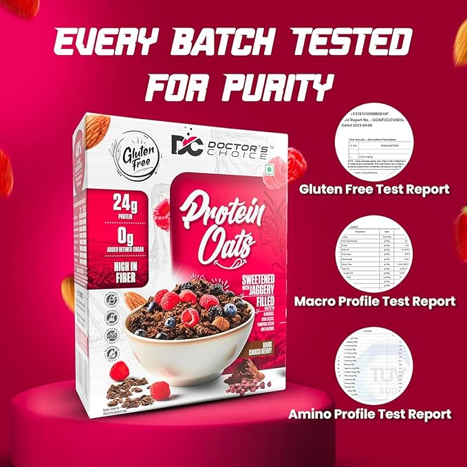 DOCTORS CHOICE Oats High Protein Oats 24g Pure Protein Breakfast Cereals Jaggery Sweetened Rich in Fiber No Additives and 0g Sugar. (750g Dark Choco Berry)
