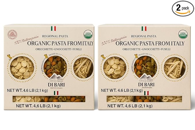 Di Bari Organic Regional Pasta Variety Pack – 5 Italian Shapes (Orecchiette Gnocchetti Fusilli Cicatelli &amp Maccheroni Tricolore) – USDA Organic Bronze Die Cut Product of Italy – 4.6 lb Each (