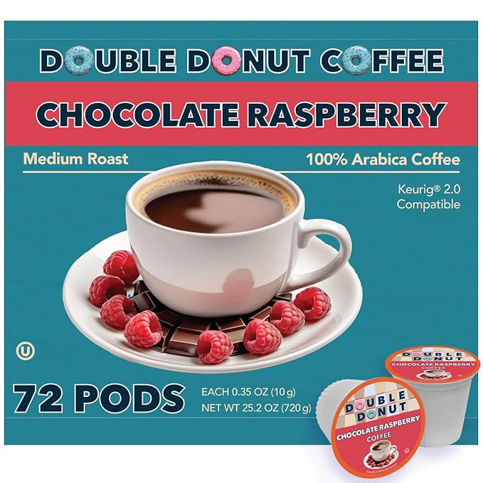 Double Donut Coffee Chocolate Raspberry Flavored Coffee Pods Medium Roast Coffee Compatible with Keurig K Cups Brewers 72 Count