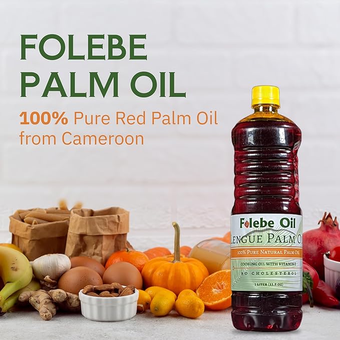 Folebe Oil 1L 100% Pure Natural Red Palm Oil – Authentic Cameroonian Palm Oil for Cooking – Cold-Pressed from Palm Pulp – Rich in Nutrients Carotenoids Natural Vitamin E
