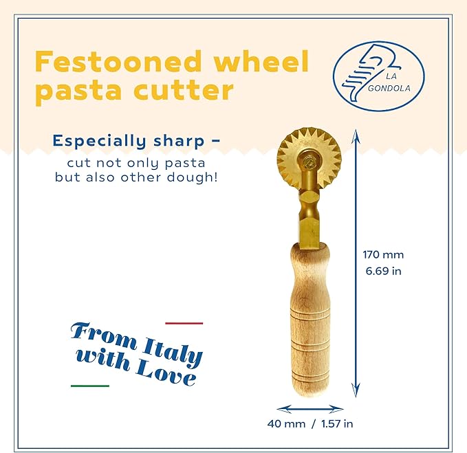La Gondola Homemade Pasta Cutter - Festooned Wheel | Italian Pasta Making Tool for Home and Business | Brass &amp Natural Wood | Safe &amp Easy to Use Pasta Cutting Tool | Ravioli Cutter Made in Ita