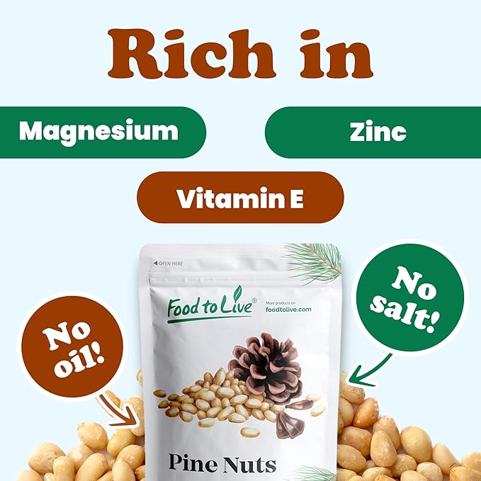 Food to Live Dry Roasted Pine Nuts 8 Pounds – Naturally Tasty and Crunchy Nutritious and Delicious Perfect for Cooking Baking and Snacking Vegan Kosher Bulk
