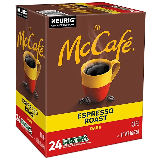 McCafe Espresso Roast Coffee Keurig Single-Serve K-Cup Pods 96 Count (4 Packs of 24) Dark Roast Made with Arabica Beans Bold Flavor with Bittersweet Chocolate &amp Toasted Nut Notes