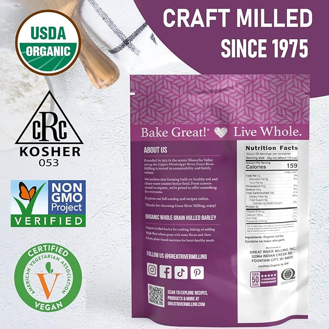 Great River Milling Organic Hulled Barley Grain | Whole Grain Barley for Home Milling Cooking and Baking | High Fiber Non GMO Kosher | 5 Lb