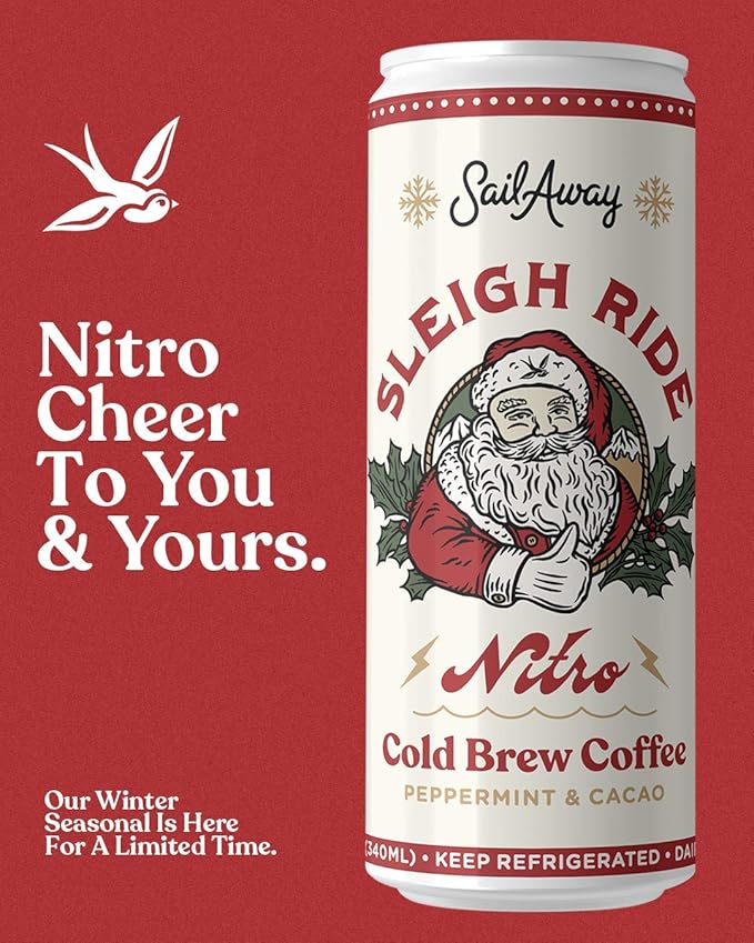 Sail Away Coffee Co. | Sleigh Ride Peppermint Mocha Nitro Cold Brew Coffee | Low Sugar Gluten Free &amp Non-Dairy | Organic | Draft Nitrogen Pour Clean Energy Low Acidity | 11.5oz (Pack of 6)