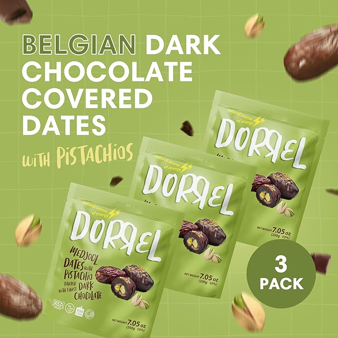 DORREL - Belgian Dark Chocolate Covered Dates (Medjool) with Pistachio Stuffing High Energy Vegan Choco Snack Delicious Kosher &amp Non-GMO Pack of 3 Stuffed Chocolate Dates 7.05 oz / 200 g Ea
