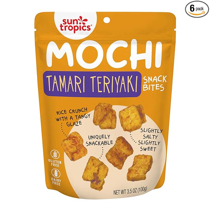 Sun Tropics Mochi Snack Bites Tamari Teriyaki Flavor 3.5 oz (Pack of 6) | Crispy Crunchy Mochi Rice Bites | Gluten Free Dairy Free No MSG Added Asian Rice Snacks