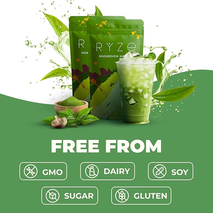 RYZE SUPERFOODS Mushroom Matcha Starter Kit USDA Organic with 6 Adaptogenic Mushrooms and Ceremonial-Grade Matcha Energy Focus Digestion Immunity with Turkey Tail Shiitake Reishi 60 servings
