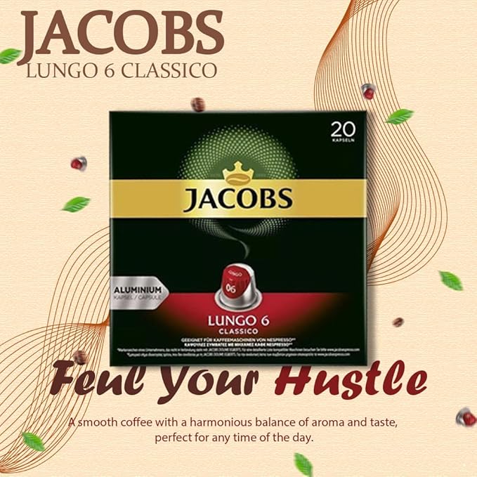 Jacobs Lungo 6 Classico 10x20 CAPSULES Coffee Capsules Compatible with (052 USD/CAP)