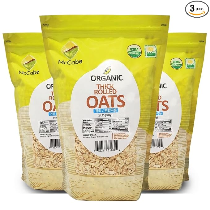 McCabe Organic Thick Rolled Oats - Extra Thick Rolled Oats | Rich with Fiber &amp Minerals | USDA and CCOF Certified | Product of USA | 2Lbs | Pack of 3.