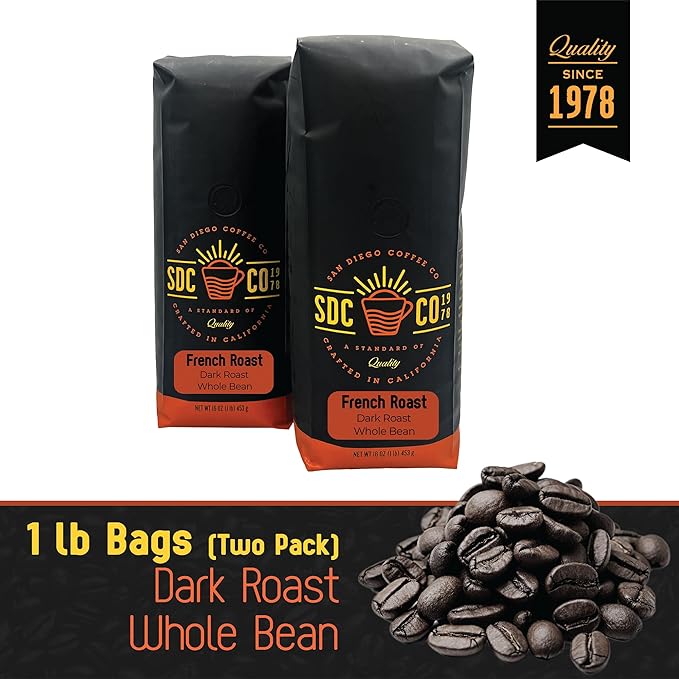 San Diego Coffee French Roast Dark Roast Whole Bean Coffee 16-Ounce Bags (Pack of 2) Café en grano tostado