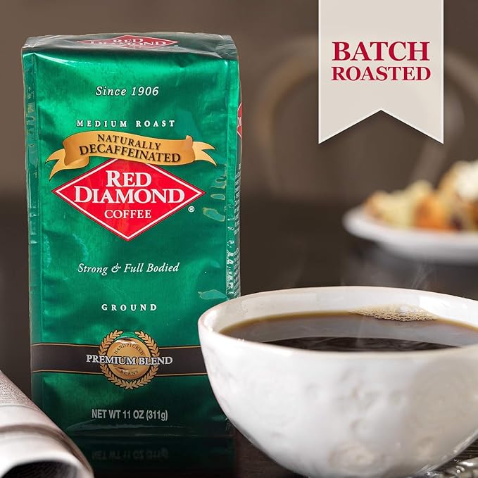 Red Diamond Ground Coffee Decaffeinated Medium Roast 100% Arabica Premium Beans Strong &amp Full-Bodied Flavor 11 Ounce Resealable Bag (Pack of 2)