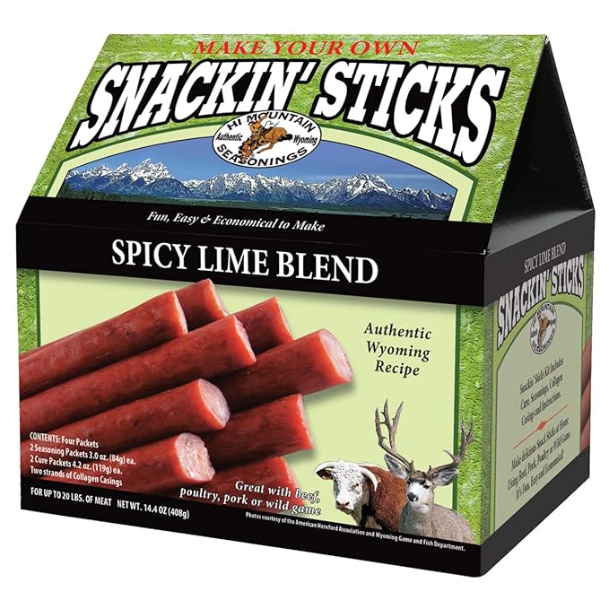 Hi Mountain Seasonings ǀ Snack Stick Seasoning Kit ǀ SPICY LIME BLEND ǀ Includes Seasoning Cure Casings &amp Directions ǀ Seasons up to 20 lbs of Meat ǀ Beef Pork Venison Deer &amp Wild Game