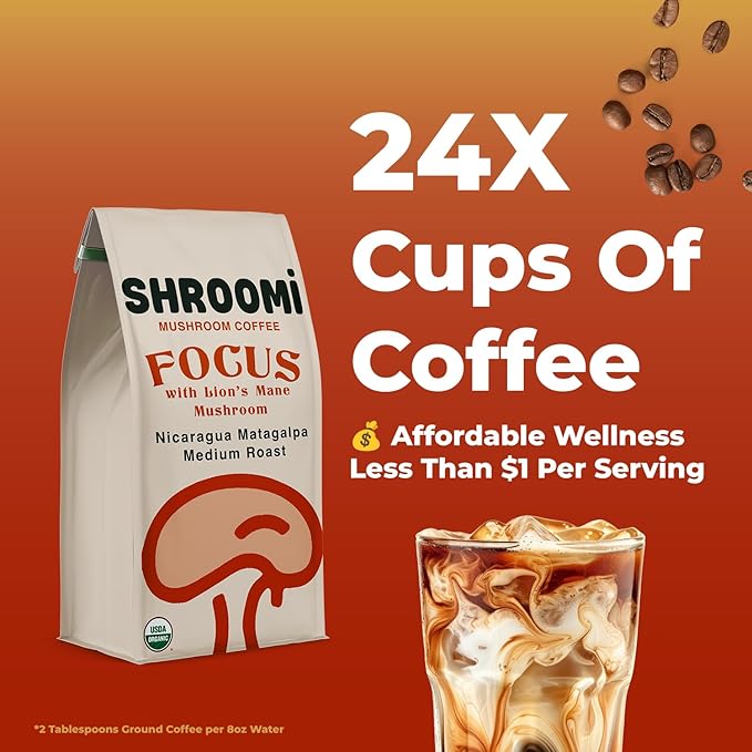 Shroomi Award-Winning Mushroom Focus Coffee - 16000mg Lions Mane Blend | Organic Brain Coffee Ground with Reishi and Chaga | Mental Clarity and Calm Energy | Medium Roast for Morning Clarity | 10oz