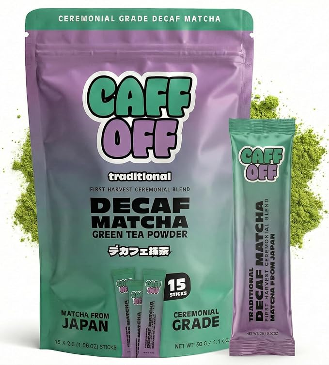 Decaf Matcha Green Tea Powder From Japan - 15 Sticks (2 g each / 30 g total) - Ceremonial Grade - Naturally Decaffeinated Using No Chemicals - Tested For Heavy Metals &amp Pestacides - First Harvest