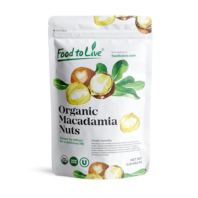 Food to Live Organic Whole Macadamia Nuts 1 Pound – Non-GMO Raw Shelled Unsalted Kosher Vegan Bulk. Keto Snack. Buttery Flavor. Good Source of Fiber Healthy Fats. Perfect for Desserts.