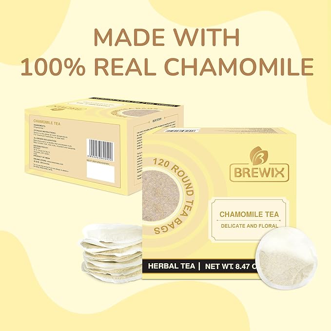 BREWIX Chamomile Tea (120 Round Tea Bag) | Eco-Conscious Tea Bags | Stress Relief Relaxing Calming Supports Healthy Digestion | Caffeine Free | Premium Natural Camille Tea | Herbal Tea