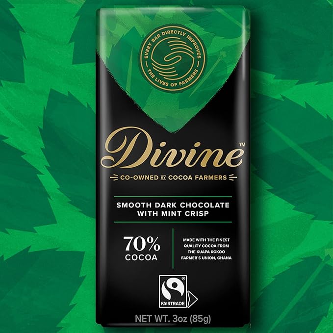 Divine Chocolate Bars - 70% Dark Chocolate with Mint Crisp - Made with Fairtrade Cocoa Natural Ingredients No Artificial Flavors | 3oz. Bars (12 Pack)